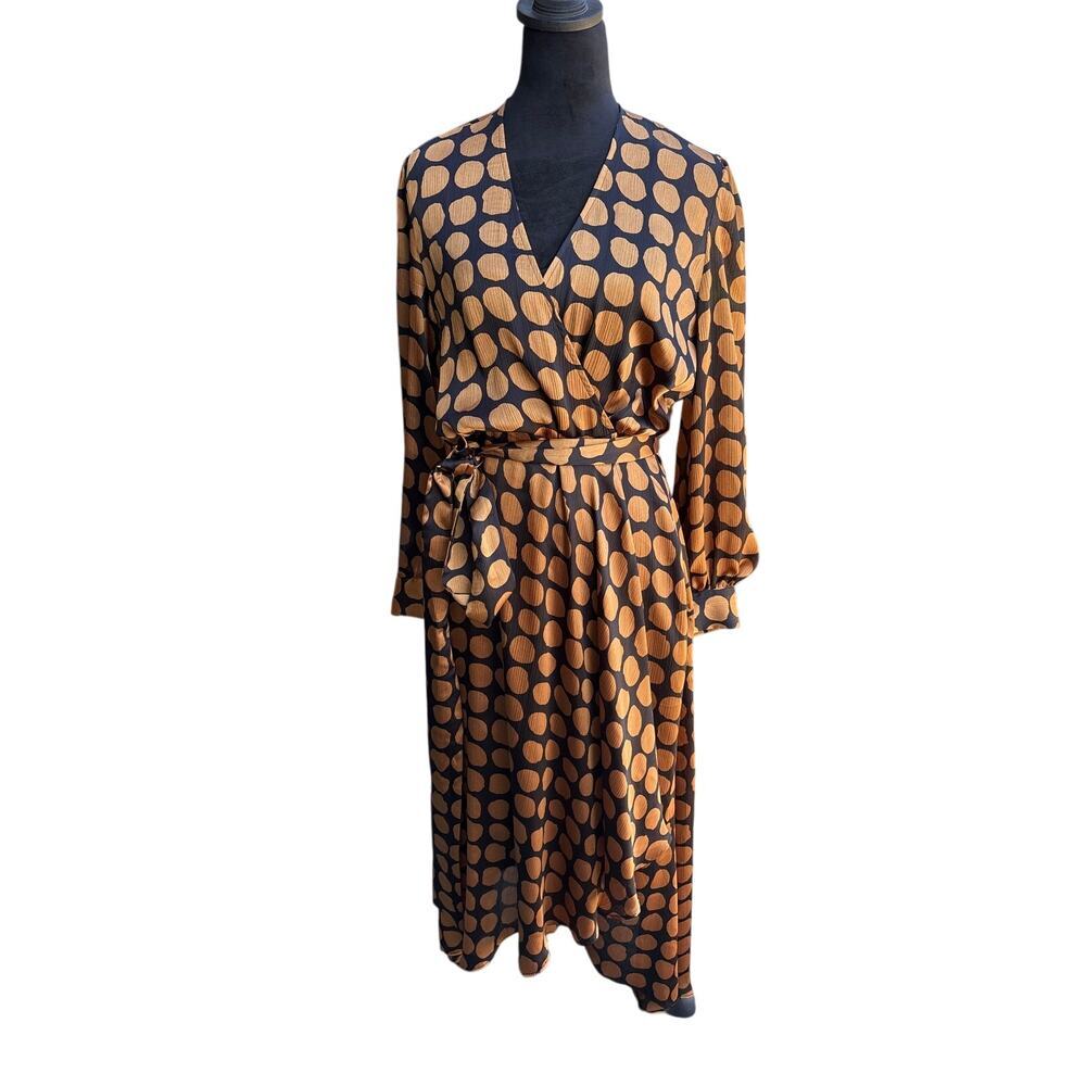 MNG Mango Black Caramel Geometric Print Wrap Midi Dress Long Sleeve Small